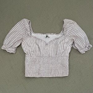 Abercrombie & Fitch White and Tan Gingham Puff Sleeve Sweetheart Crop Top